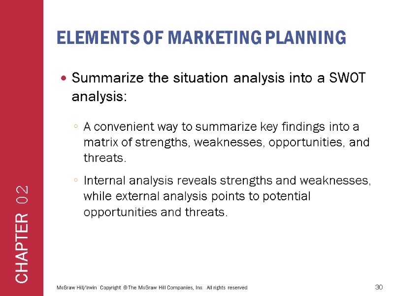 ELEMENTS OF MARKETING PLANNING Summarize the situation analysis into a SWOT analysis: A convenient